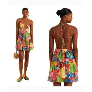 Farm Rio Stripe Fishes Mini Dress Womens Size XL Open Back Strappy Tropical Boho